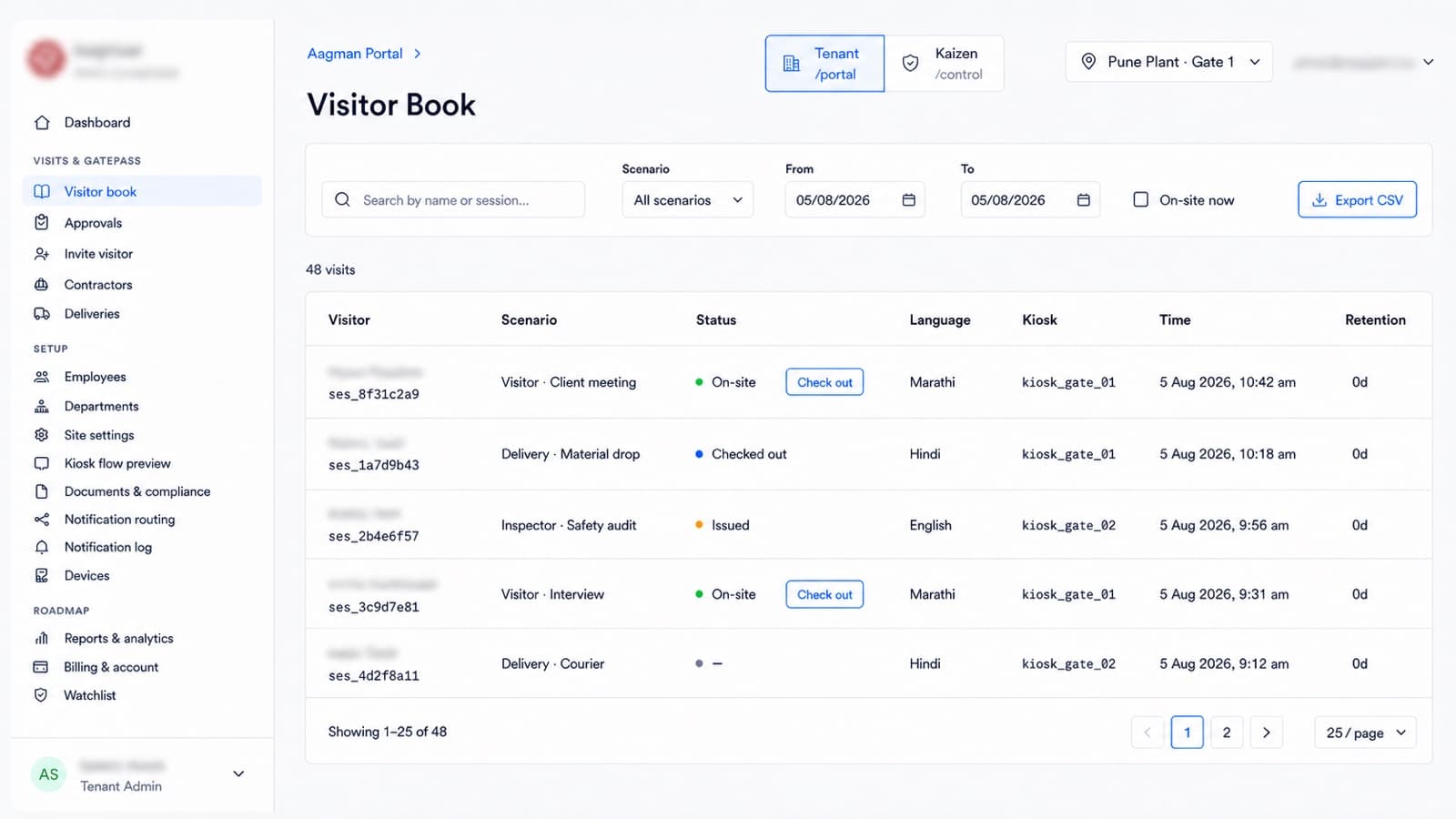 Aagman admin portal showing the visitor book: filters for scenario and date range, and a table of visits with scenario, status, language, kiosk and time. Visitor names are blurred.