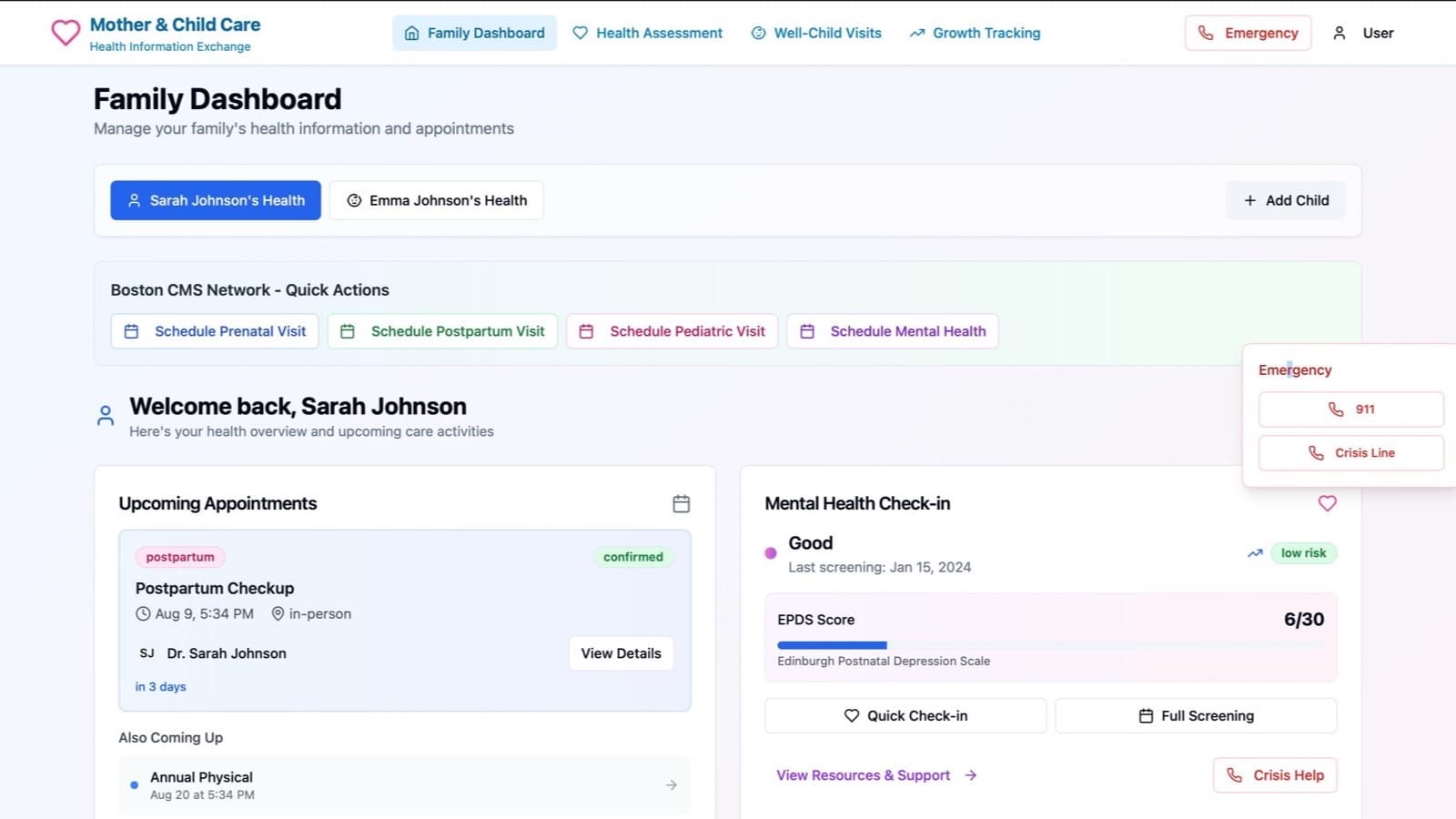 Family health dashboard: a member switcher for mother and child, quick actions for prenatal, postpartum, paediatric and mental-health scheduling, upcoming appointments and a mental-health check-in panel. All names, dates and scores are placeholder content.